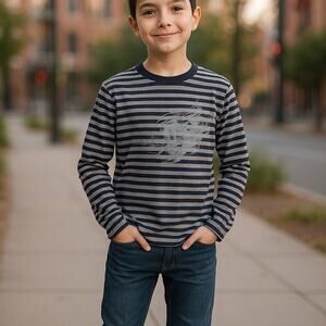 Hartstrings Boys Shirt Size 14 Gray Black Striped Rampant Lion Long Sleeves Knit